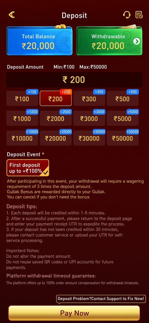 YY Game deposit screen showing preset amounts from ₹100 and first deposit bonus options