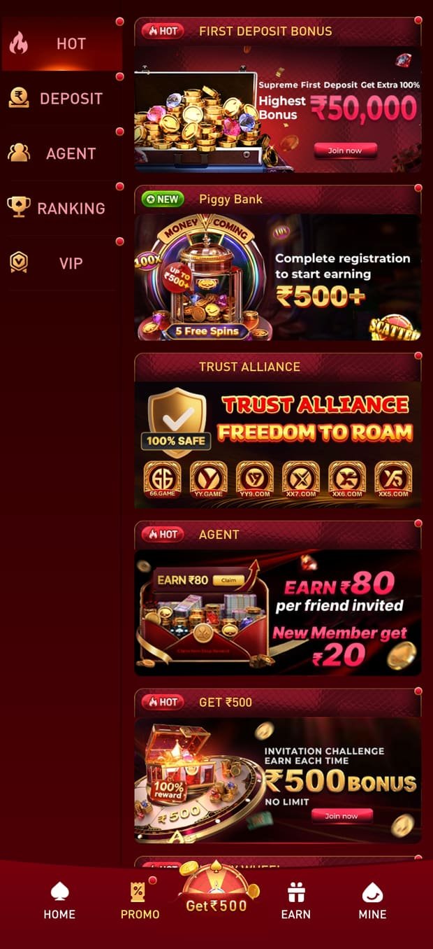 YY Game promotions screen listing first deposit bonus, piggy bank and invitation offers