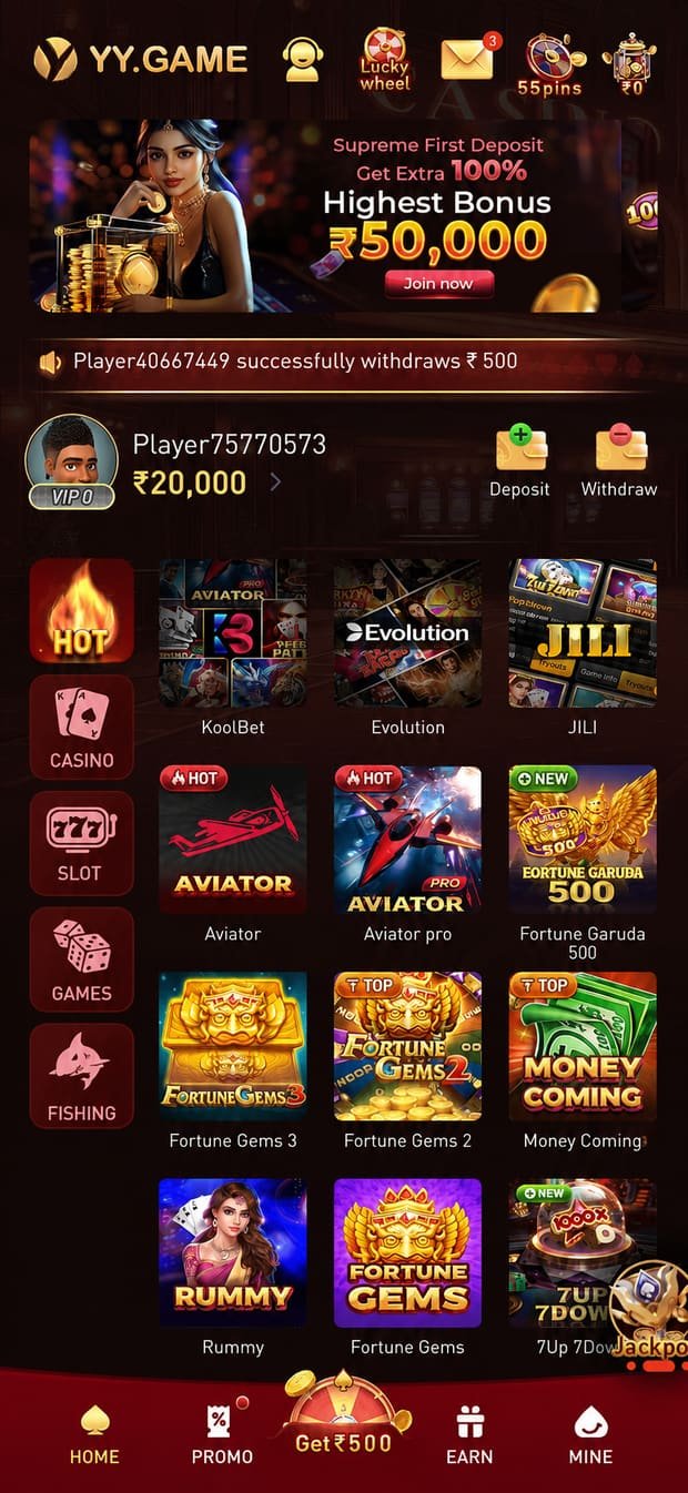 YY Game app home lobby showing Hot, Casino, Slot, Games and Fishing categories